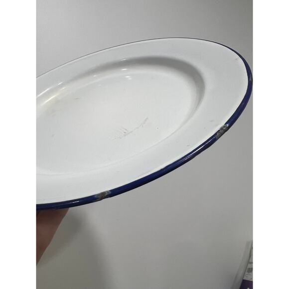 2 Vintage White w/ Blue Rim Enamel 9.5" Salad Plate Cottage Farmhouse Kitchen - Picture 4 of 9